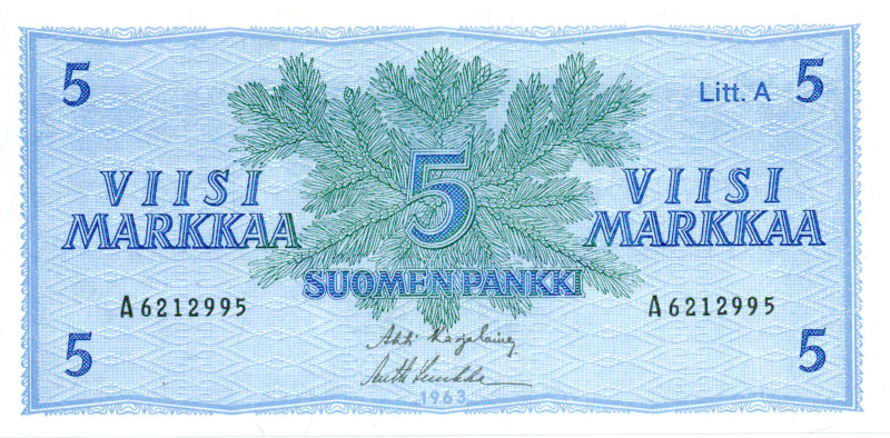 5 Markkaa 1963 Litt.A A6212995 kl.9